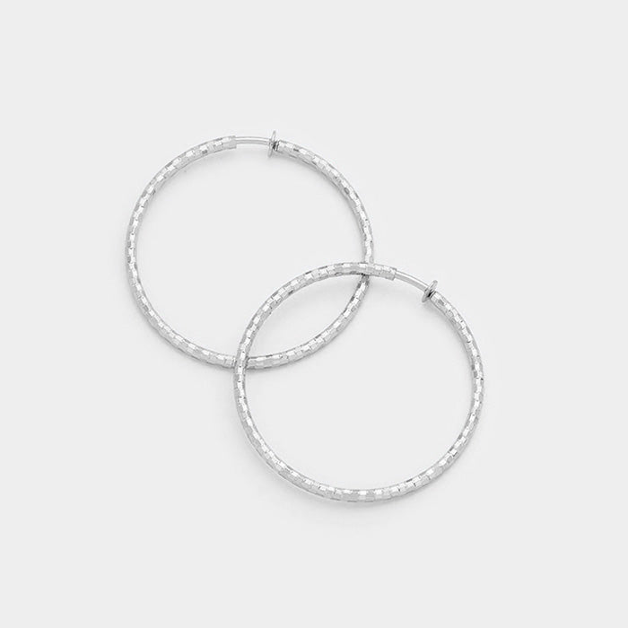 Clip on 2 1/2" silver textured cutout filigree dangle hoop earrings