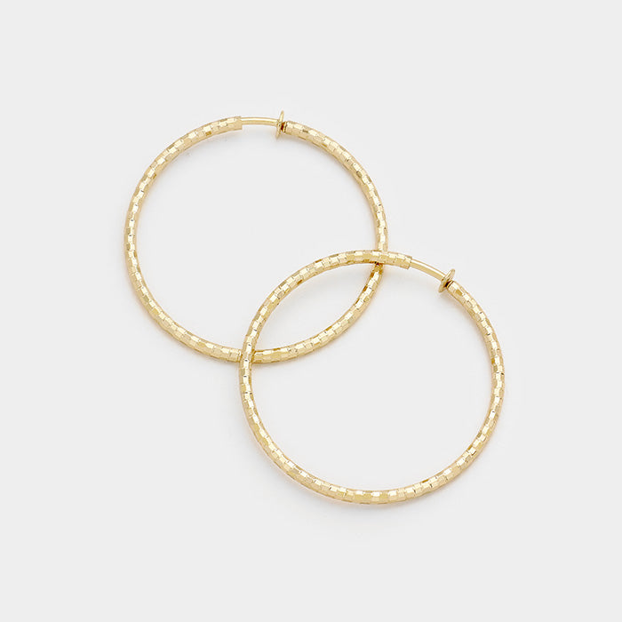 Clip on 1 3/4" gold block style spring back hoop earrings