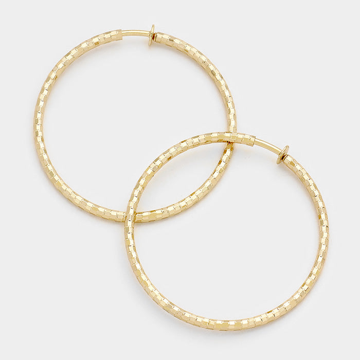 Clip on gold 3 1/4" XL block style spring back hoop earrings