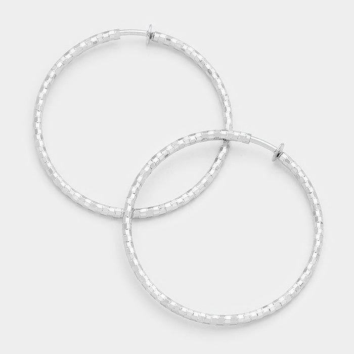 Clip on 3" XL silver block style spring back hoop earrings