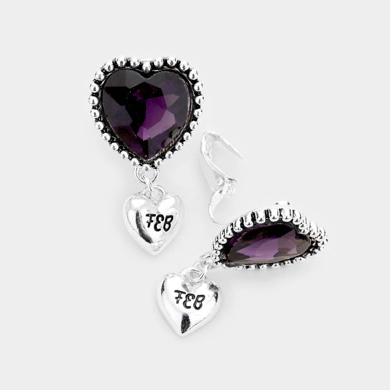 FEB-Birthstone-clip on silver and purple stone heart earrings with dangle heart
