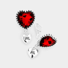 July Birthstone-clip on silver and red stone heart earrings