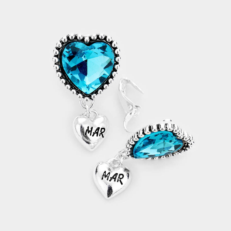 March Birthstone clip on silver & turquoise stone earrings with dangle heart