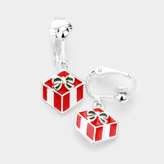 Clip on silver, red and green dangle gift earrings