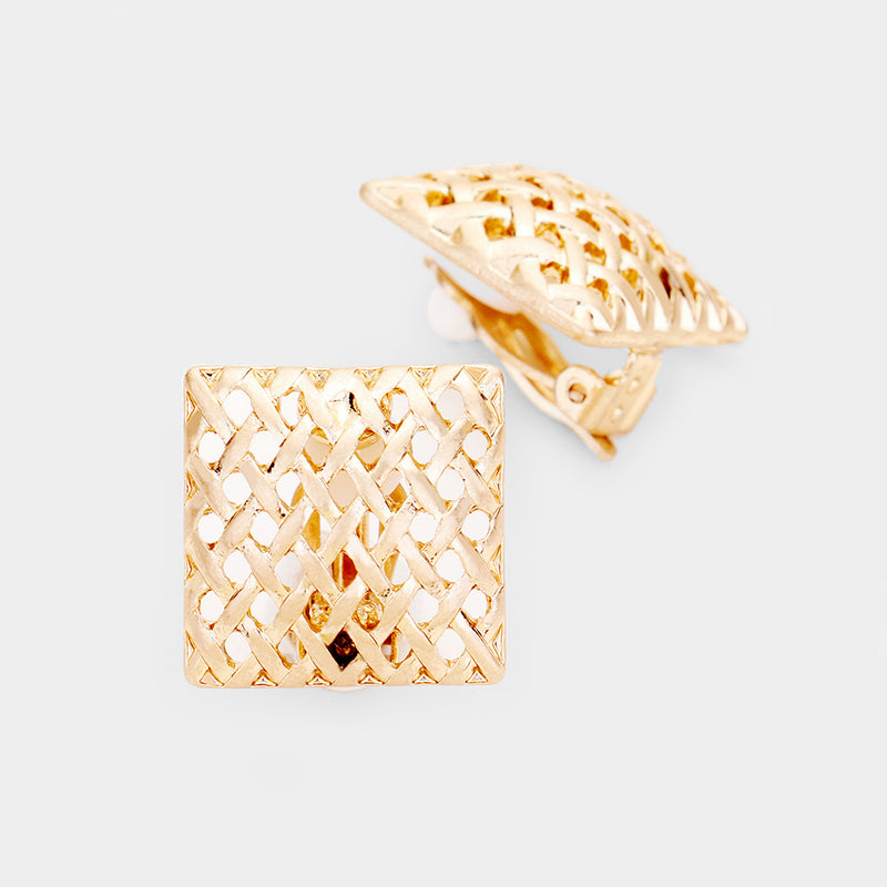 Clip on 3/4" matte gold woven print square button style earrings