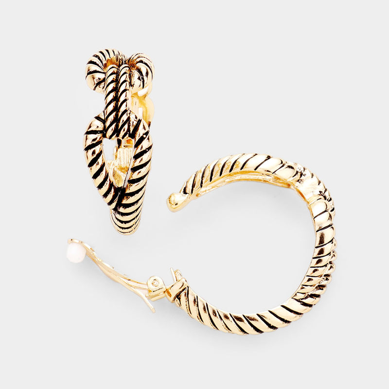 Clip on gold and black indented chain link hoop earrings