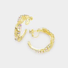 Clip on small clip on gold chain and fluorescent stone hoop earrings