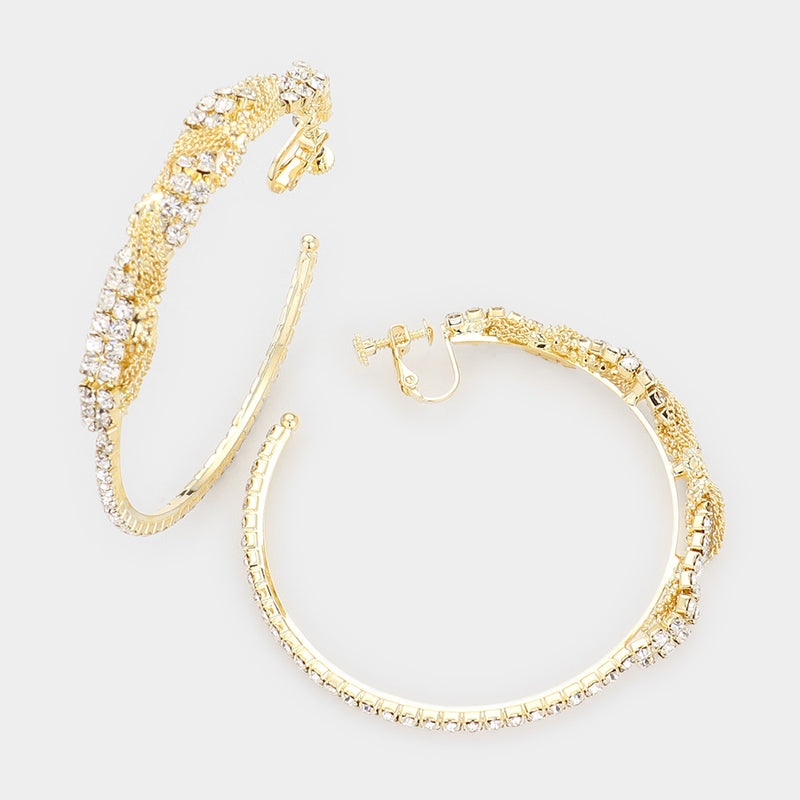 Classy 2 3/4" XL clip on gold chain and clear stone hoop earrings