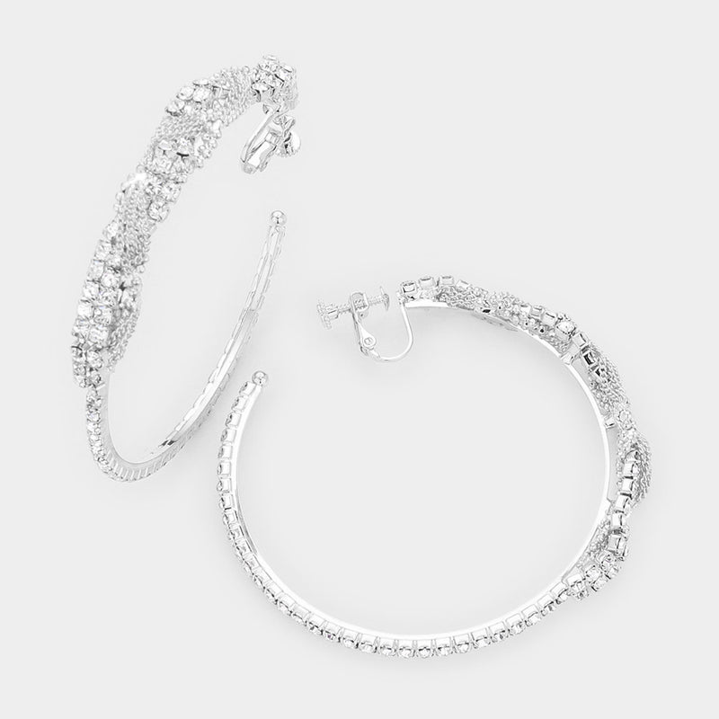 Classy 2 1/2" large clip on silver chain and clear stone hoop earrings