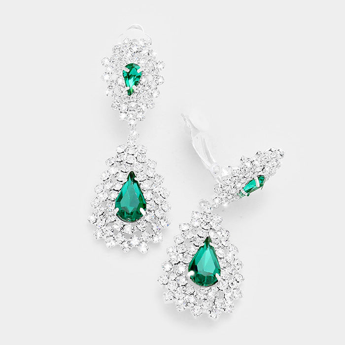 Clip on 2 1/4" silver clear and green double teardrop dangle earrings