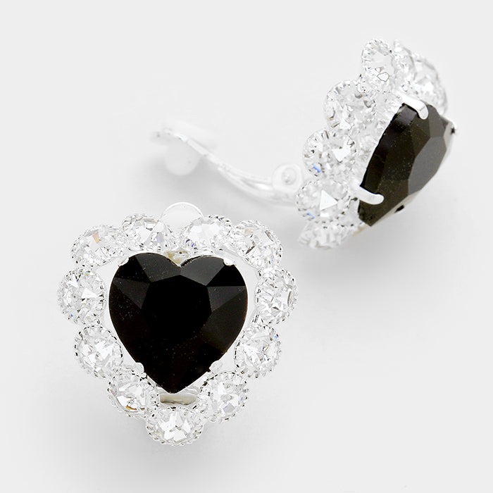 Clip on 1" silver clear and black stone heart button style earrings