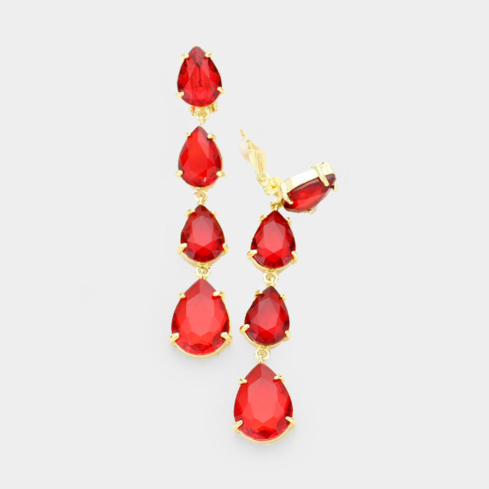 Clip on gold and red stone four layered teardrop dangle earrings