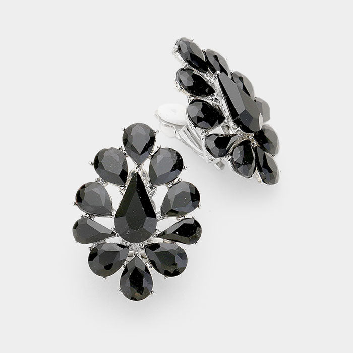 Beautiful clip on 1 1/2" silver and black multi teardrop button style earrings