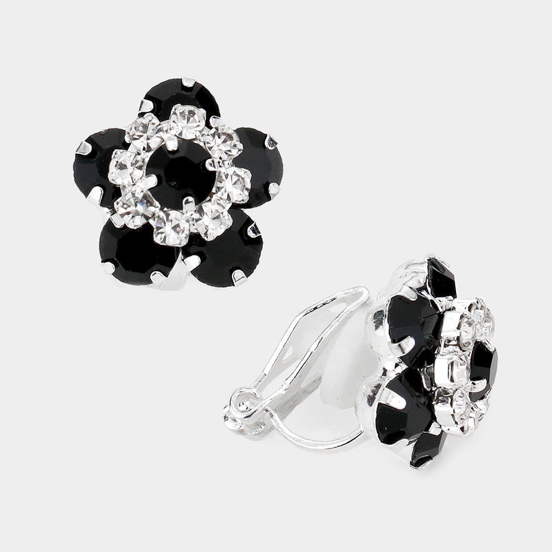 Clip on 1/2" small silver, black and clear stone flower button style earrings