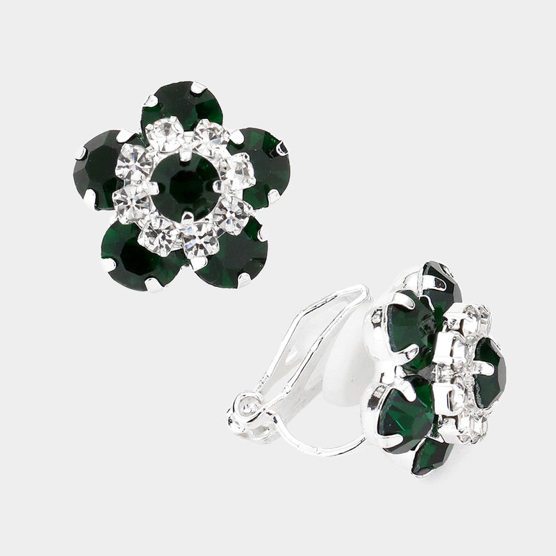 Clip on 1/2" small silver, green and clear stone flower button style earrings