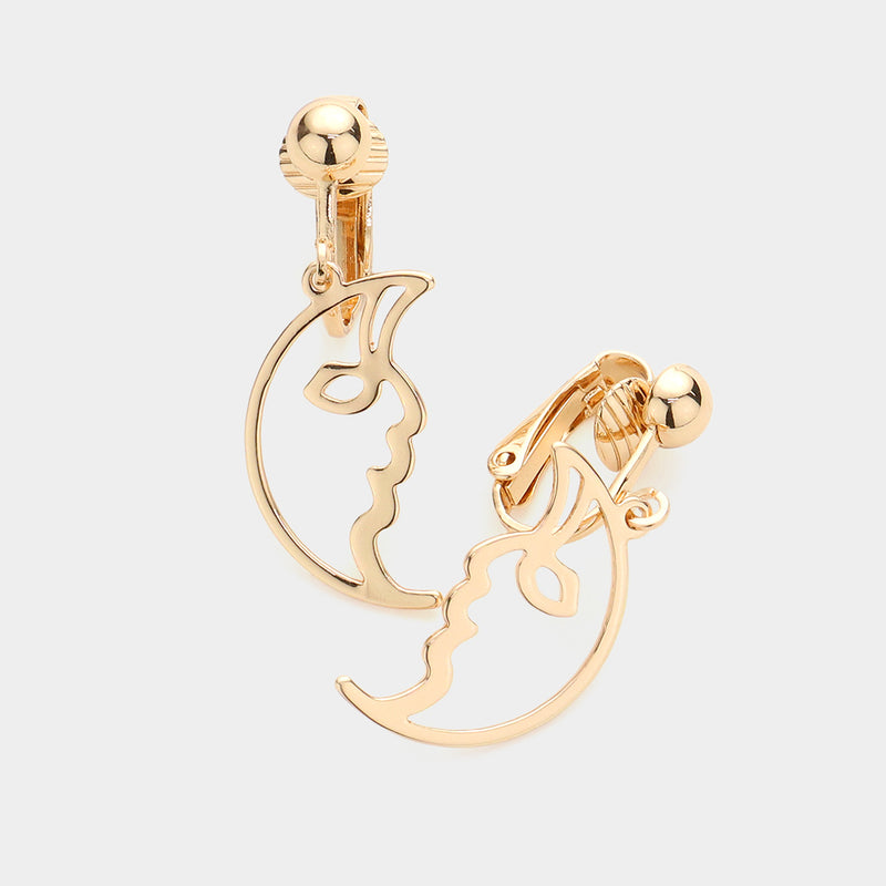 Clip on 1 1/2" gold lightweight cutout half moon face dangle earrings