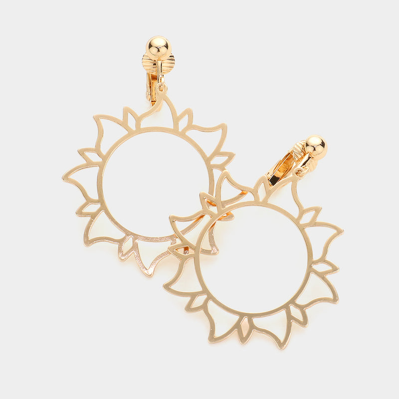 Clip on 2 1/4" gold pointed edge sun cutout dangle hoop earrings