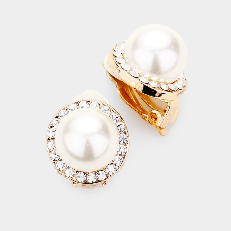 Clip on 3/4" gold and white pearl earrings with clear stones