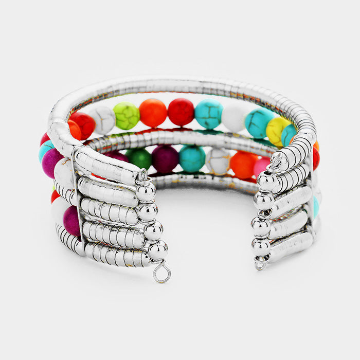 Silver 7 1/2" five layered adjustable turquoise multi colored bead cuff bracelet