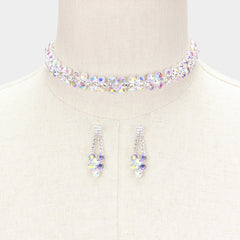 Pierced silver and fluorescent stone choker necklace set