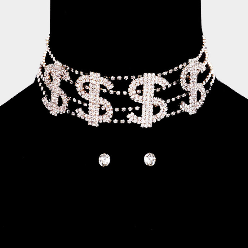 Trendy gold and clear stone dollar choker necklace set