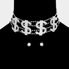 Trendy silver and clear stone dollar choker necklace set