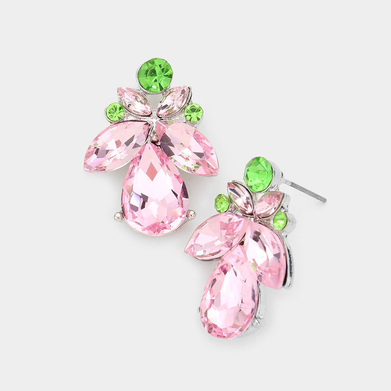 Classy 1 1/4" pierced silver, pink and green stone button style earrings