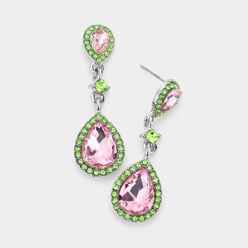Trendy silver pierced 2" long pink and green stone double teardrop earrings