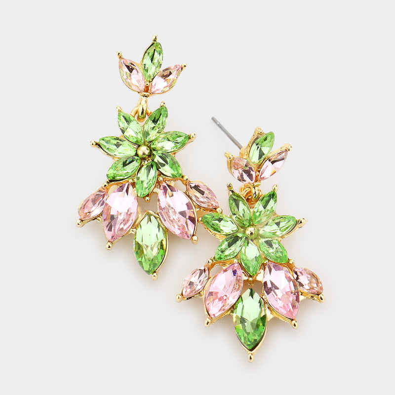 Trendy pierced 1 3/4" dangle gold, pink and green stone pointed flower earrings