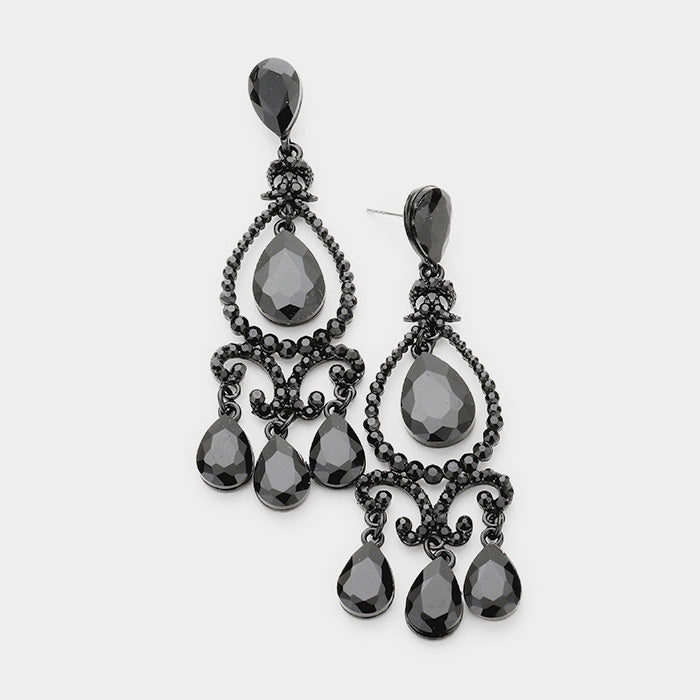 Classy pierced 3 3/4" long shiny black bead dangle teardrop earrings