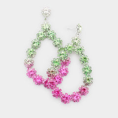 Pierced silver, pink & green stone flower teardrop hoop style earrings