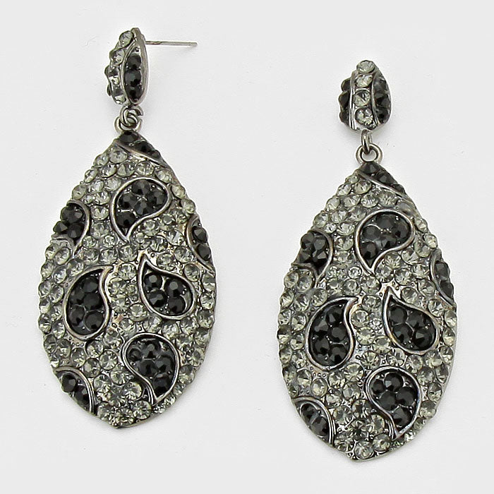 Pierced 3" gunmetal black and clear stone dangle teardrop earrings