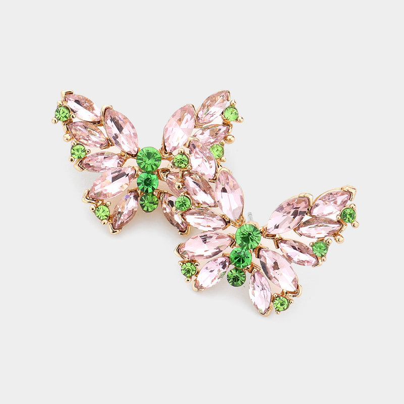 Classy 1 1/4" pierced gold, pink and green stone butterfly earrings