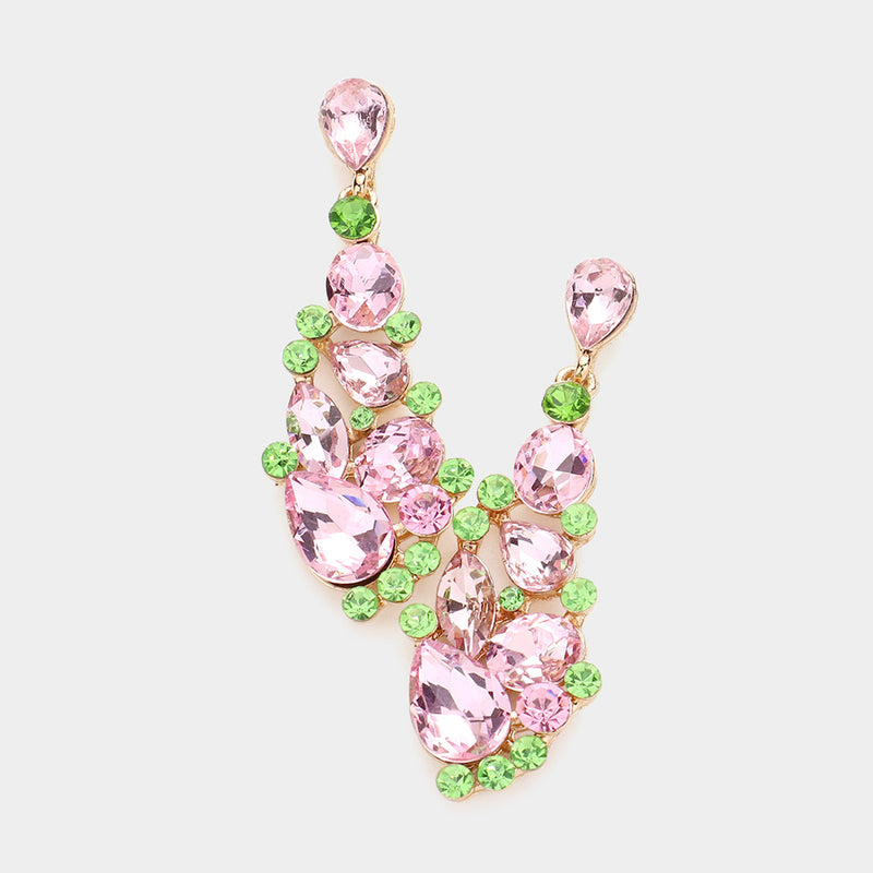 Trendy pierced 2 1/2" long pink and green stone teardrop earrings