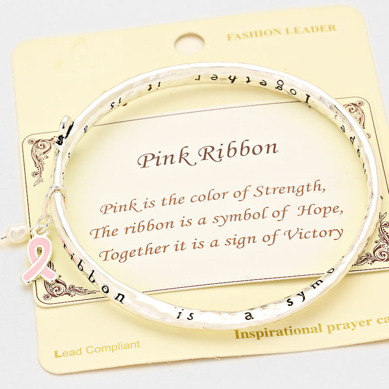 Silver twisted pink ribbon and pearl charm bangle bracelet