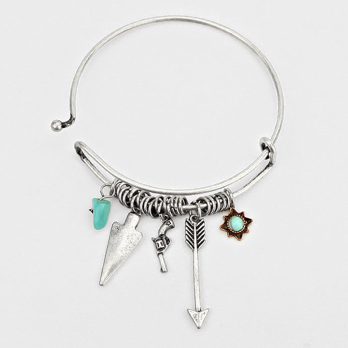 Western adjustable 7" silver arrow and turquoise stone charm bangle bracelet