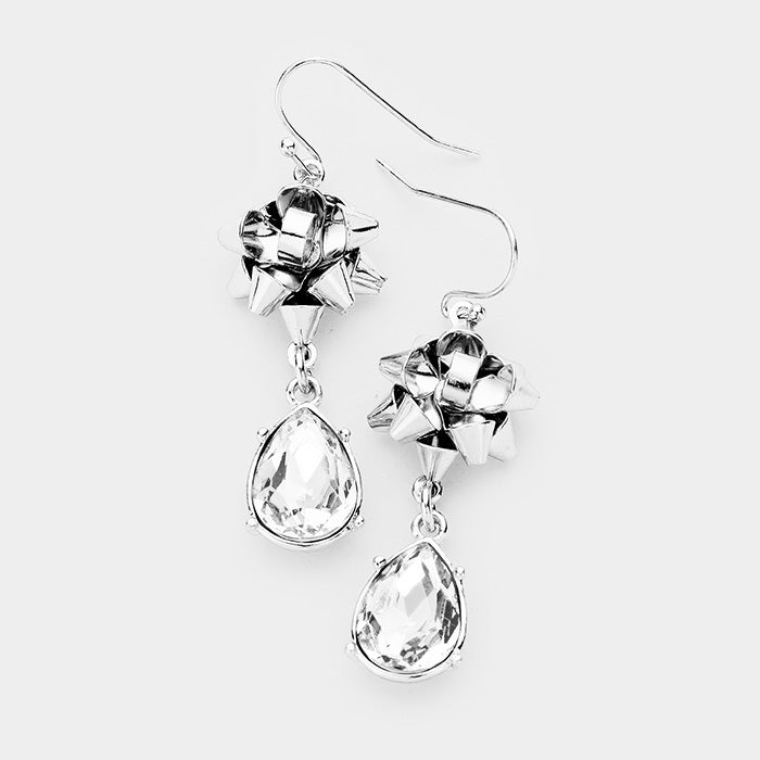 Pierced 2" silver dangle bow and clear stone teardrop earrings