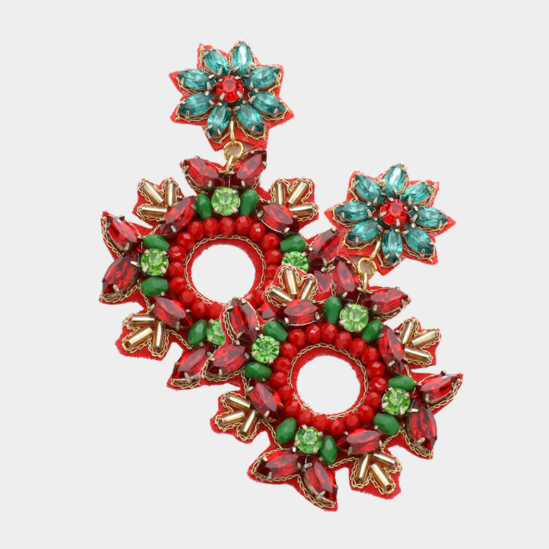 Pierced 3" gold, red, green stone and sequin cutout flower Christmas earrings