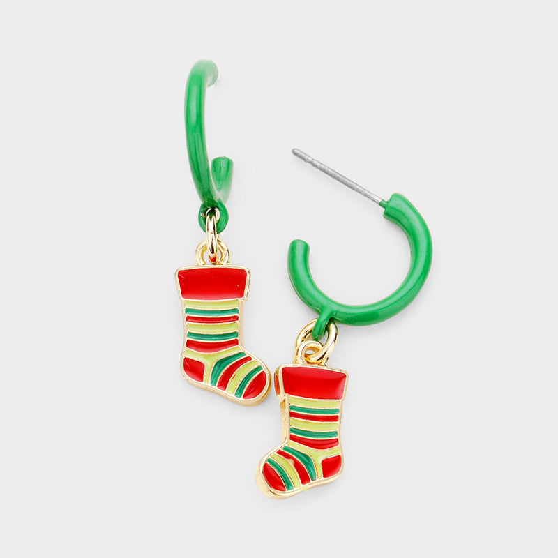 Pierced 1 1/4"green hoop Christmas stocking earrings