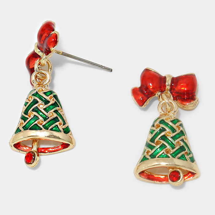 Pierced 1 1/4" gold, green, and red woven Christmas bell earrings with red stone