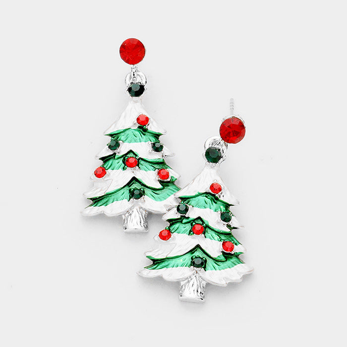 Pierced matte silver, green Christmas Tree with multi colored stones