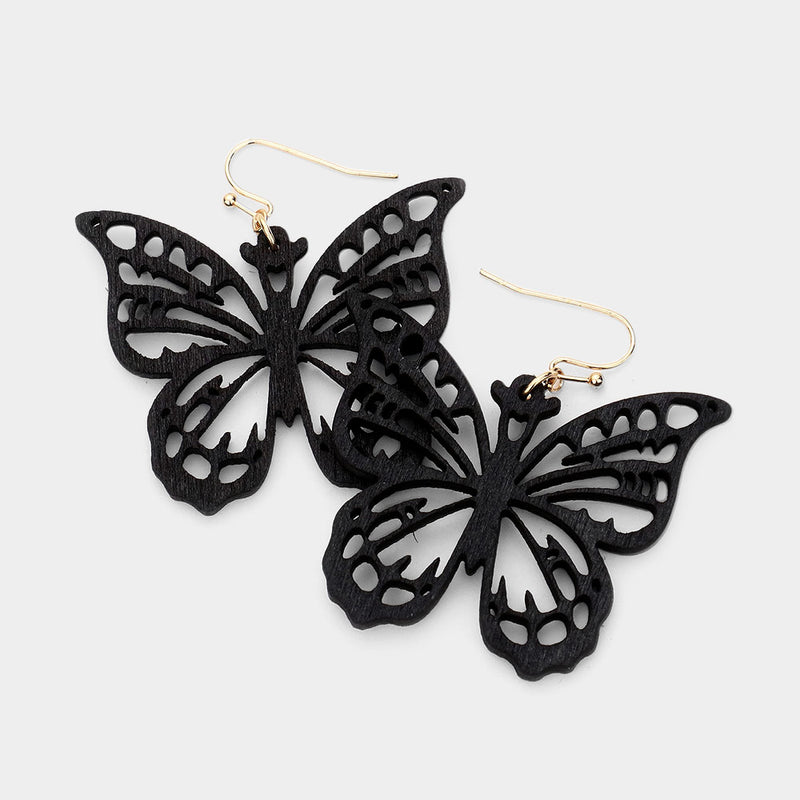 Pierced 2" gold black or brown cutout wood dangle butterfly