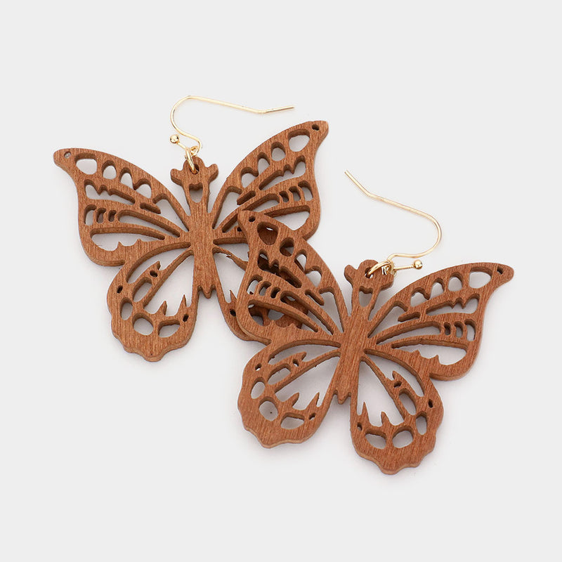 Pierced 2" gold black or brown cutout wood dangle butterfly