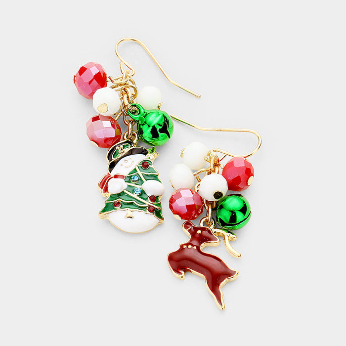 Pierced 2" gold, green, red and white bead Snowman and Reindeer dangle earrings