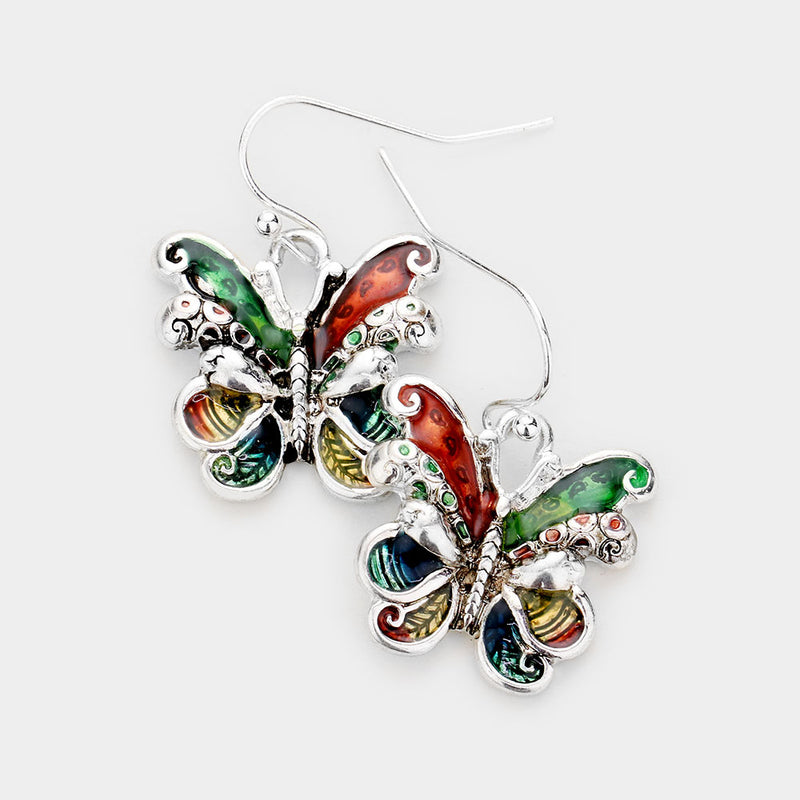 Pierced 1 1/4" silver and multi colored dangle butterfly earrings