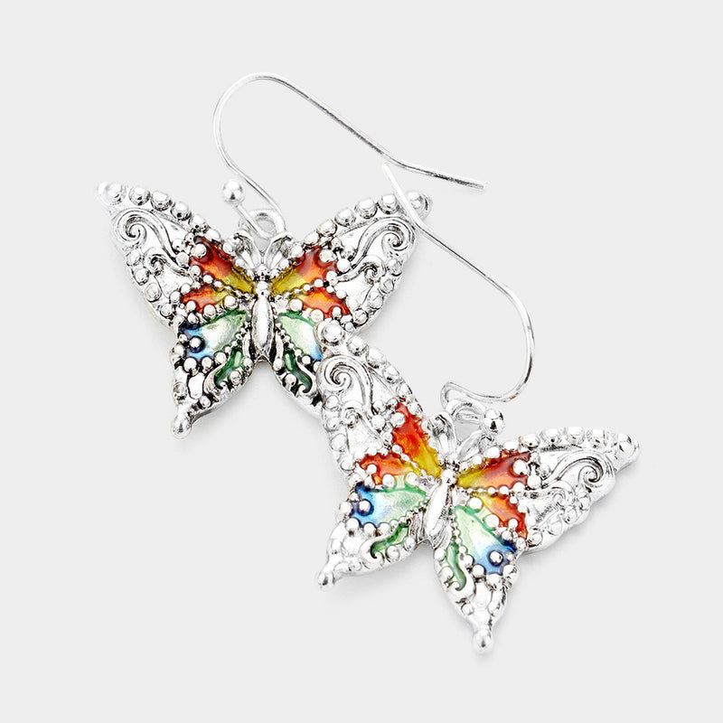 Trendy 1 1/4" pierced silver multi colored dangle textured butterfly earrings