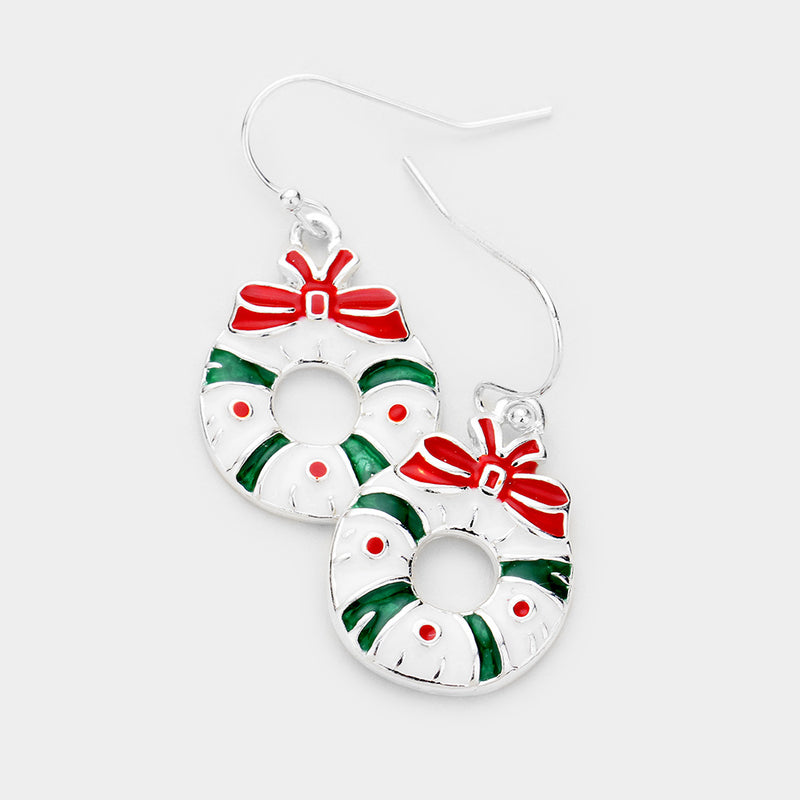 Pierced silver, multi colored holiday wreath earrings