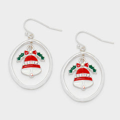 Pierced silver hoop red multi colored Christmas bell dangle earrings
