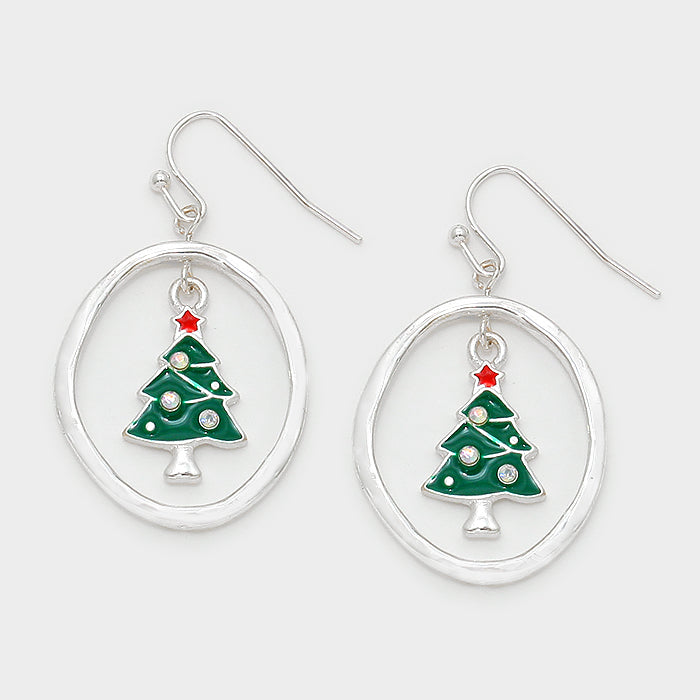Pierced 1 3/4" silver hammered hoop earrings with dangle green Christmas Tree