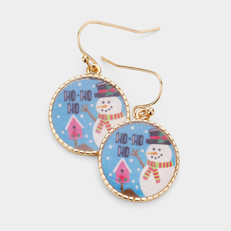 Pierced 1 1/2" gold and blue multi colored dangle circle snowman earrings